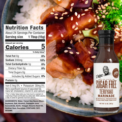 G Hughes Teriyaki Sugar Free Marinade bottle glaze on grilled meat