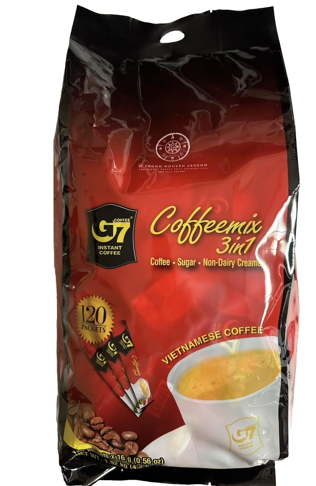 G7 Instant Coffee 3-in-1 sachet front view for quick, flavorful mornings.