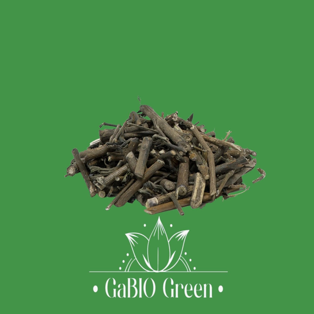 Gabio Green Muicle dried leaves close-up in a herbal tea bundle.
