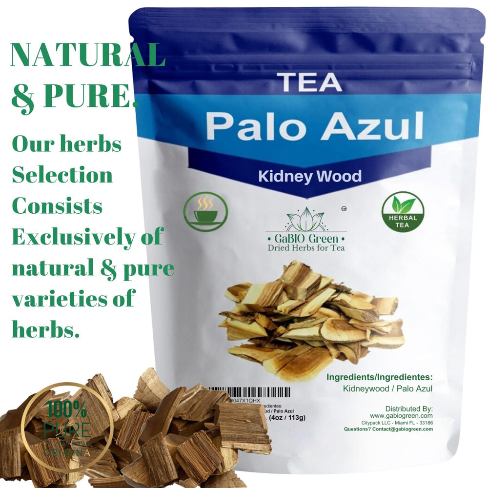 Gabio Green Palo Azul tea bark chips in resealable pouch.