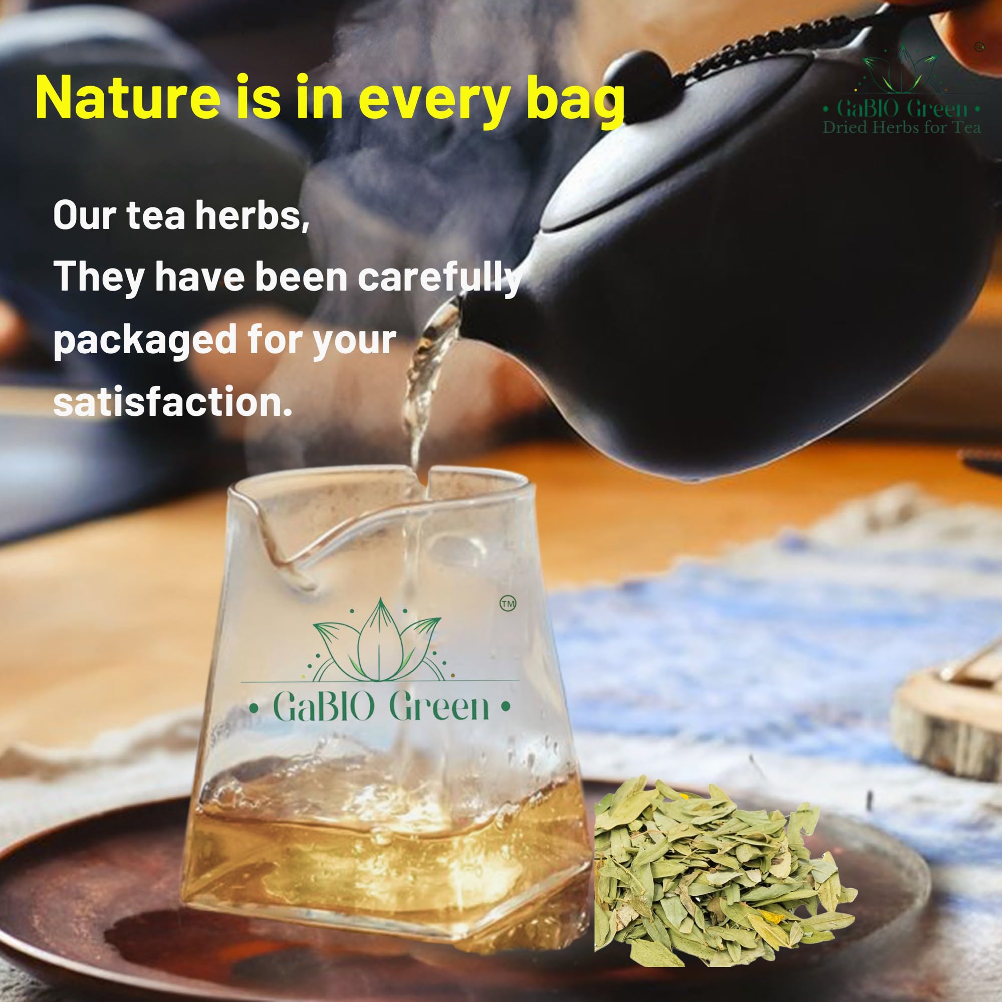 Gabio Green Senna leaves label notes non-GMO and gluten-free status.