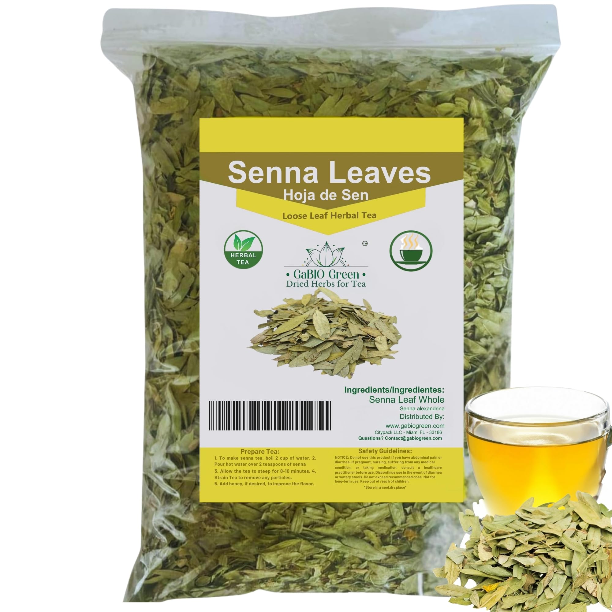 Gabio Green Senna leaves packaging resealable bag preserves aroma and freshness.