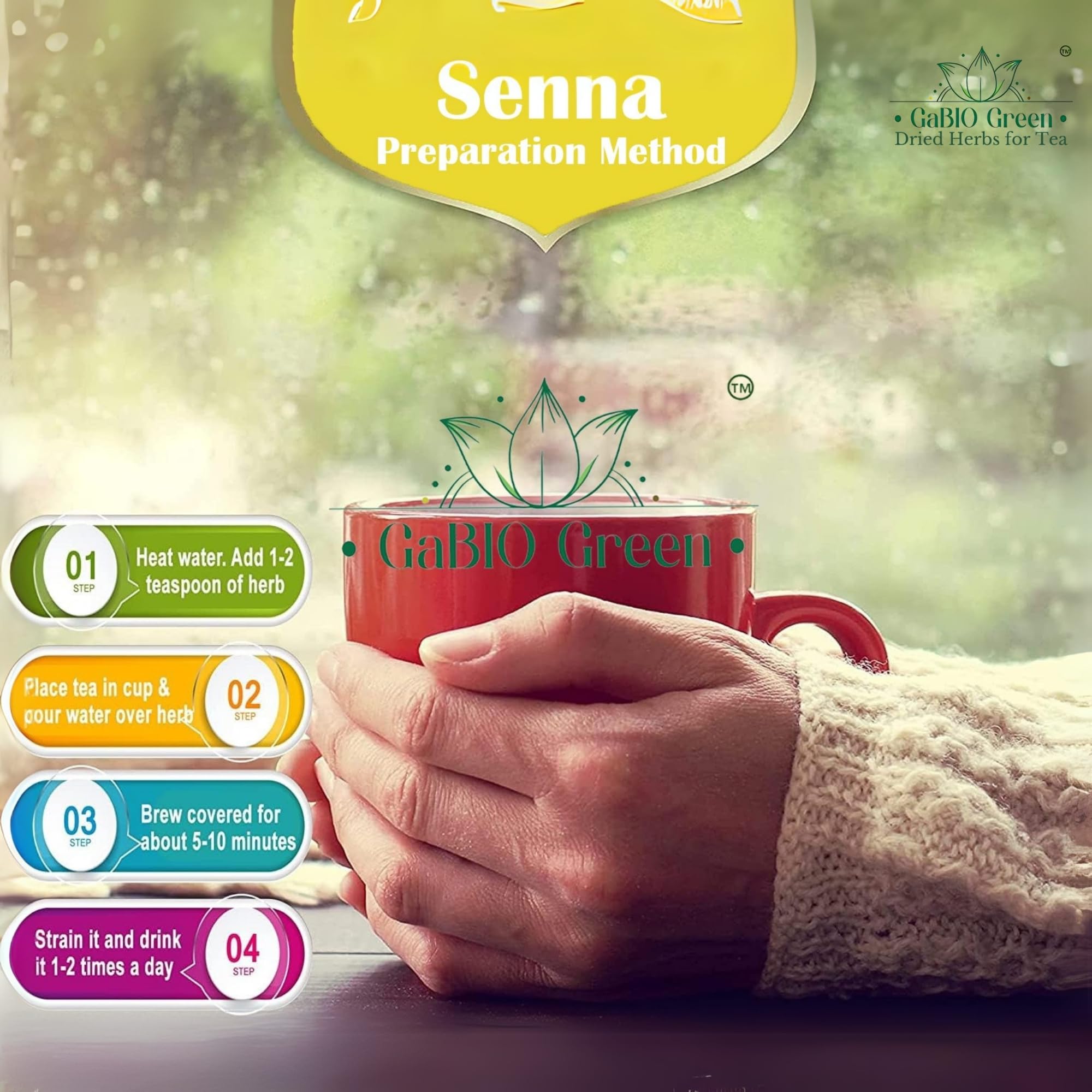 Gabio Green Senna leaves shown steeping, highlighting simple home brews.