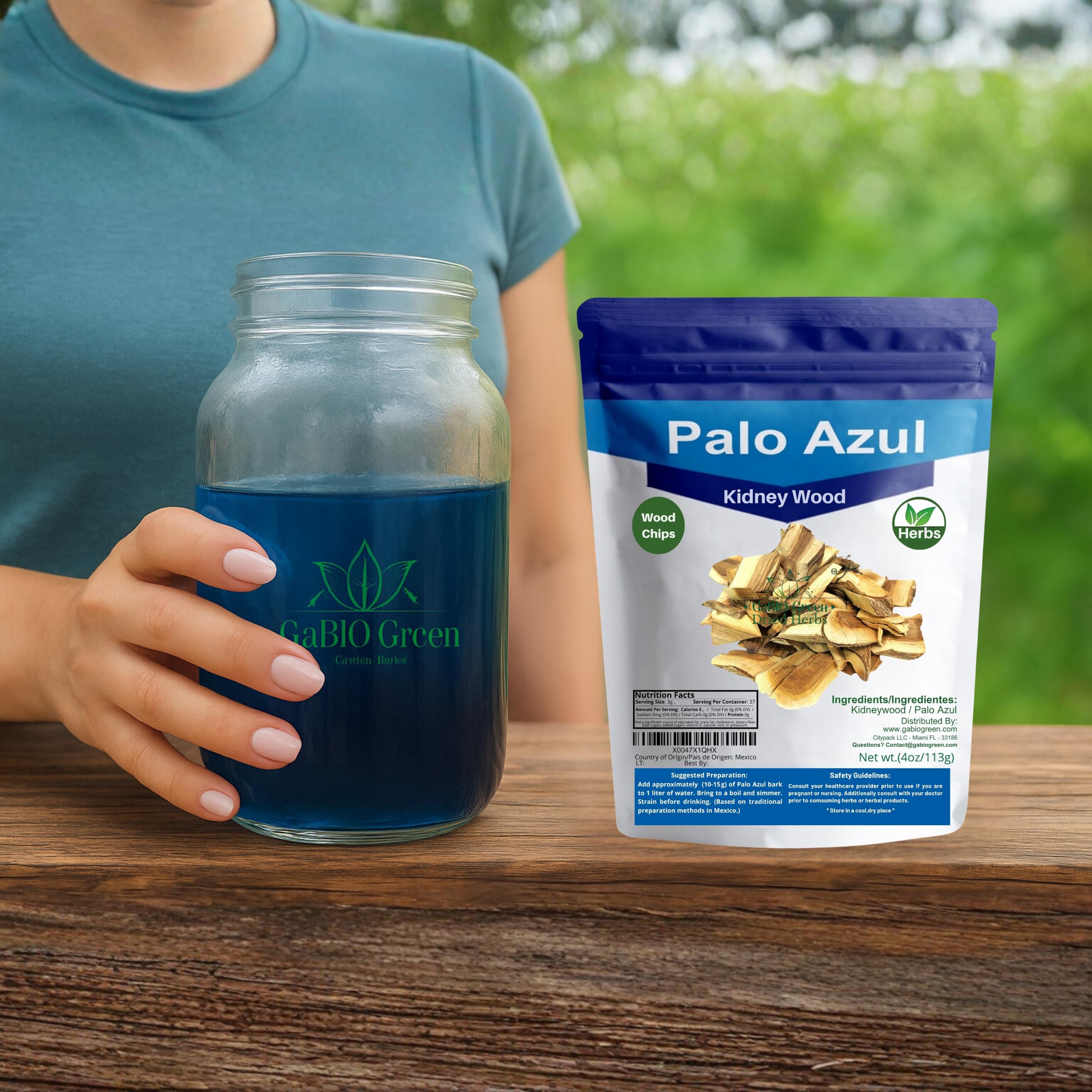 Gabio Green tea bag label showcases organic herbal blend.
