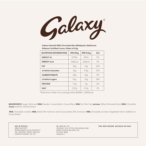 Galaxy Milk Chocolate four-pack convenient, shareable treat for gatherings or gifting.