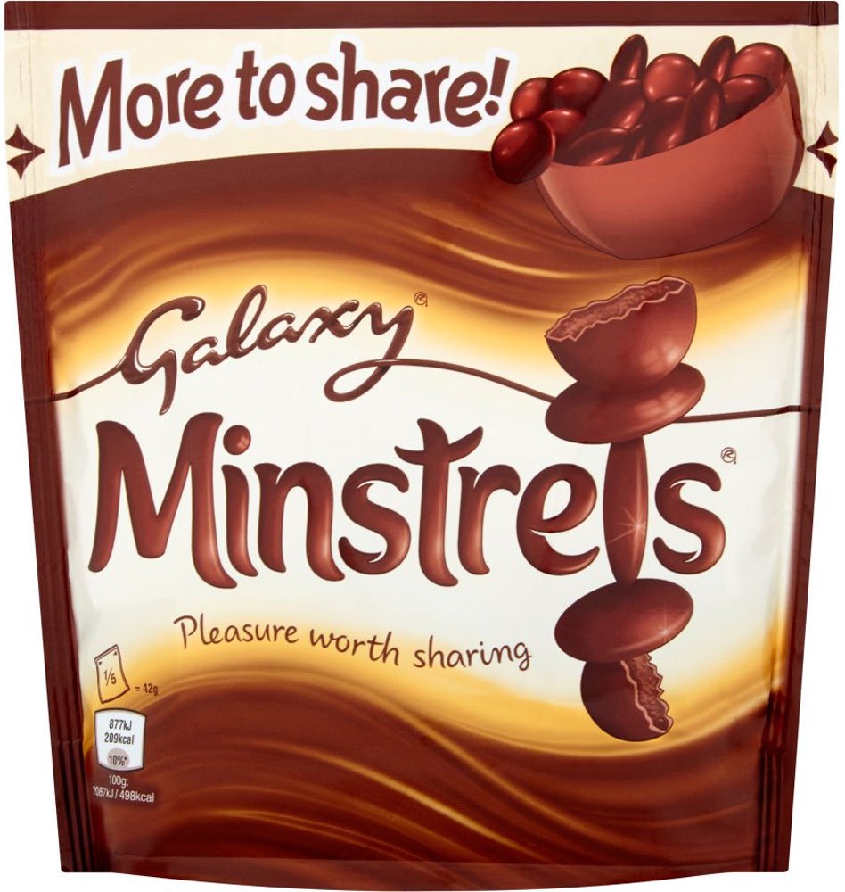 Galaxy Minstrels bag 210g pack shot, ideal for sharing during movie nights