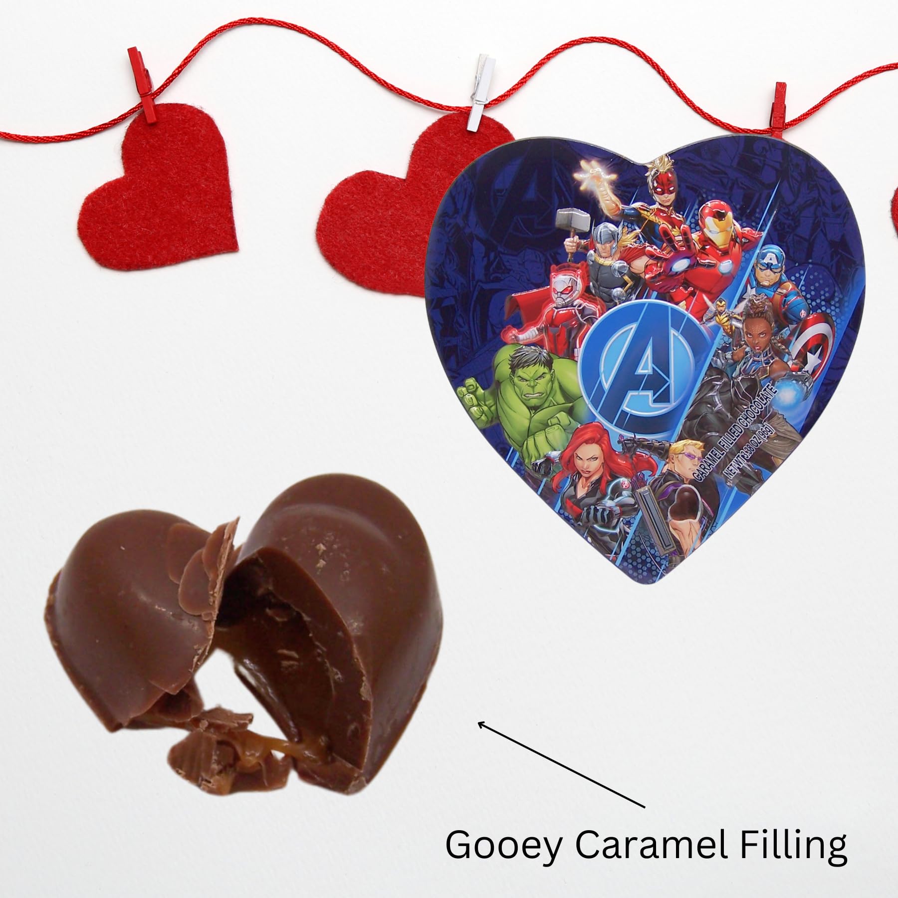 Galerie Avengers Valentines Tin resting on a shelf, highlighting collectible packaging.