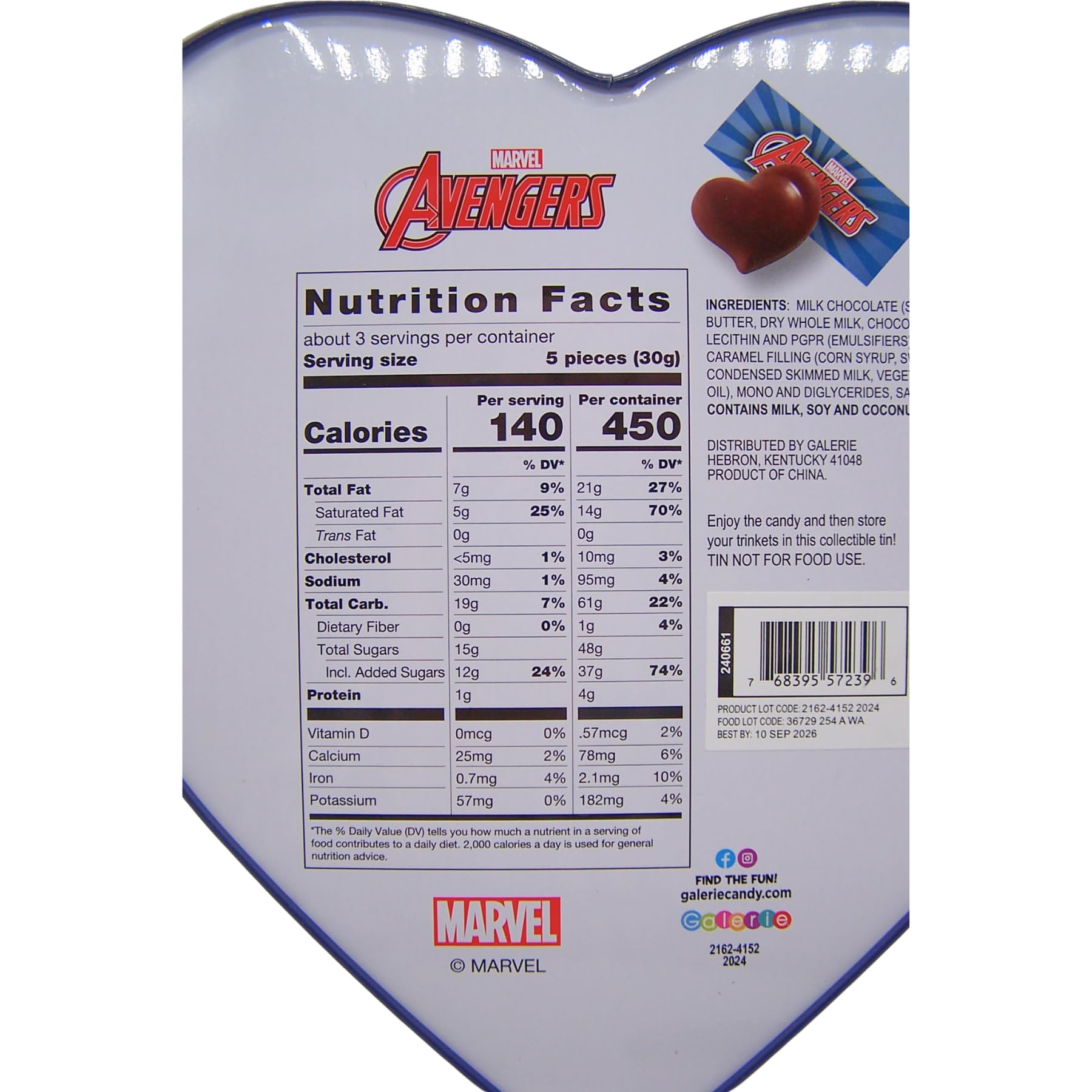 Galerie Avengers Valentines Tin shows caramel-filled chocolates, reusable storage option.