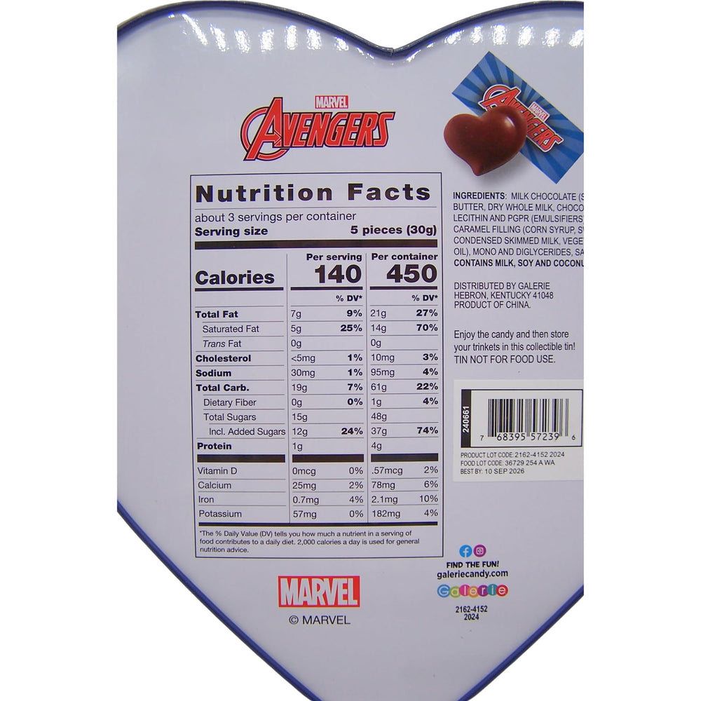 Galerie Avengers Valentines Tin shows caramel-filled chocolates, reusable storage option.