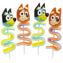 Galerie Bluey and Bingo character tops on colorful gummy lollipops for party themes