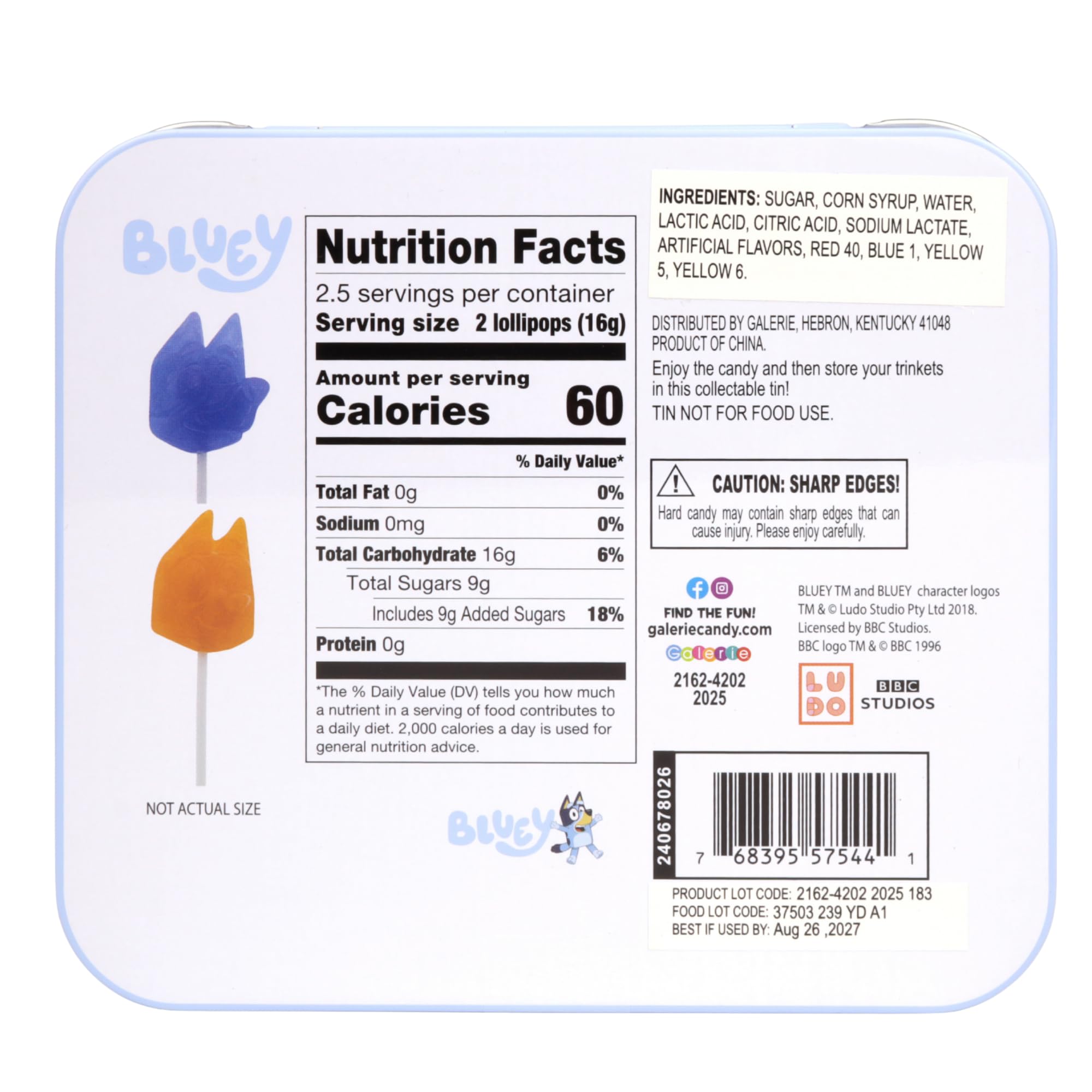 Galerie Bluey lollipops tin side view showing compact, giftable design.