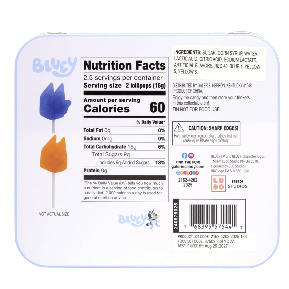 Galerie Bluey lollipops tin side view showing compact, giftable design.