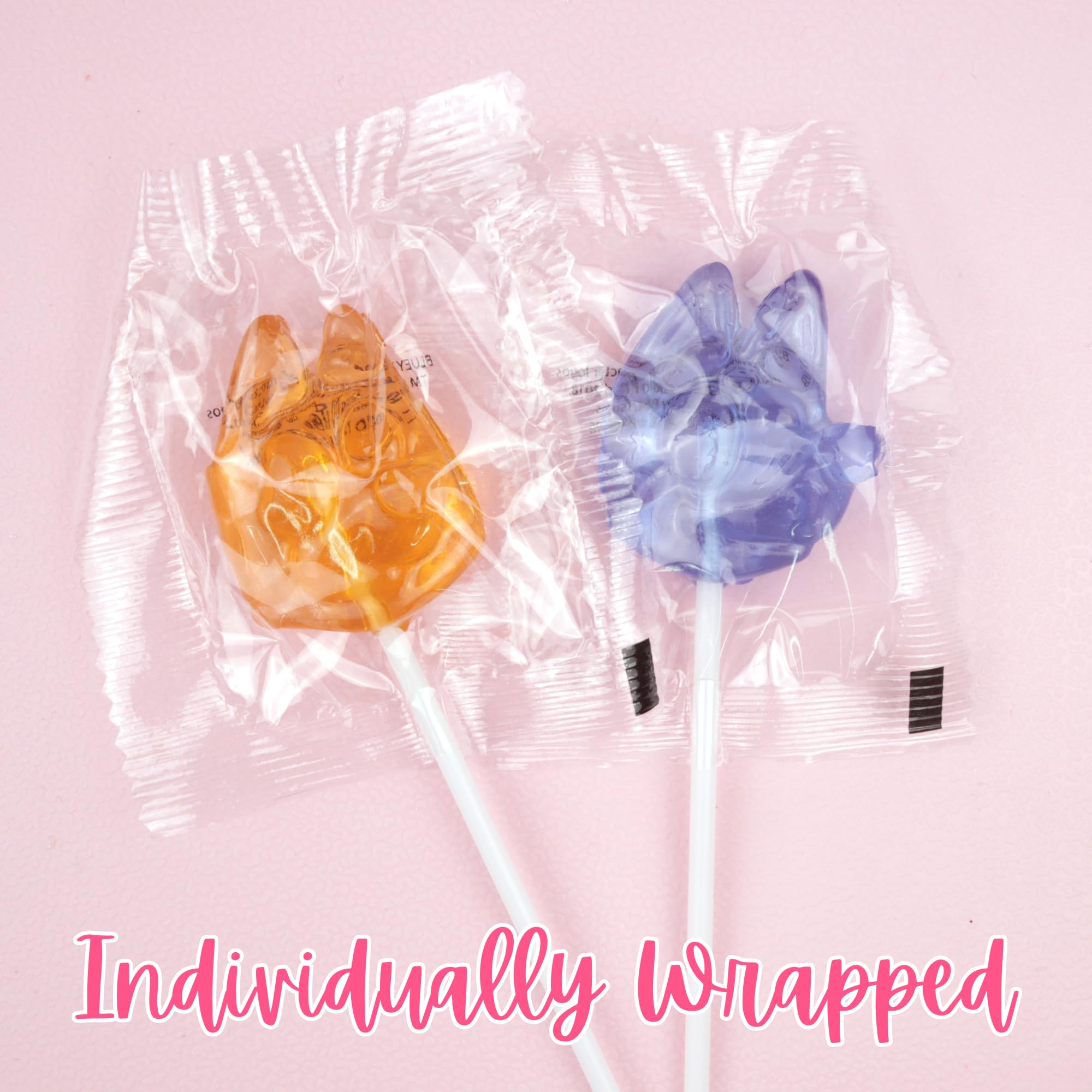 Bluey-shaped lollipops in orange and blue for playful snacking.