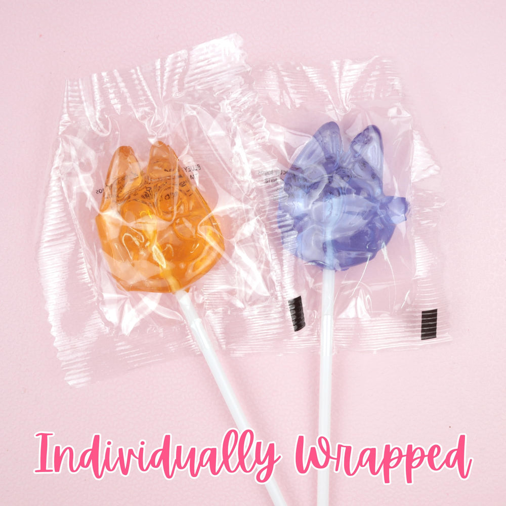 Bluey-shaped lollipops in orange and blue for playful snacking.