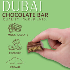 Galerie Dubai chocolate bar cross-section reveals nutty pistachio and crisp kadayif layers.