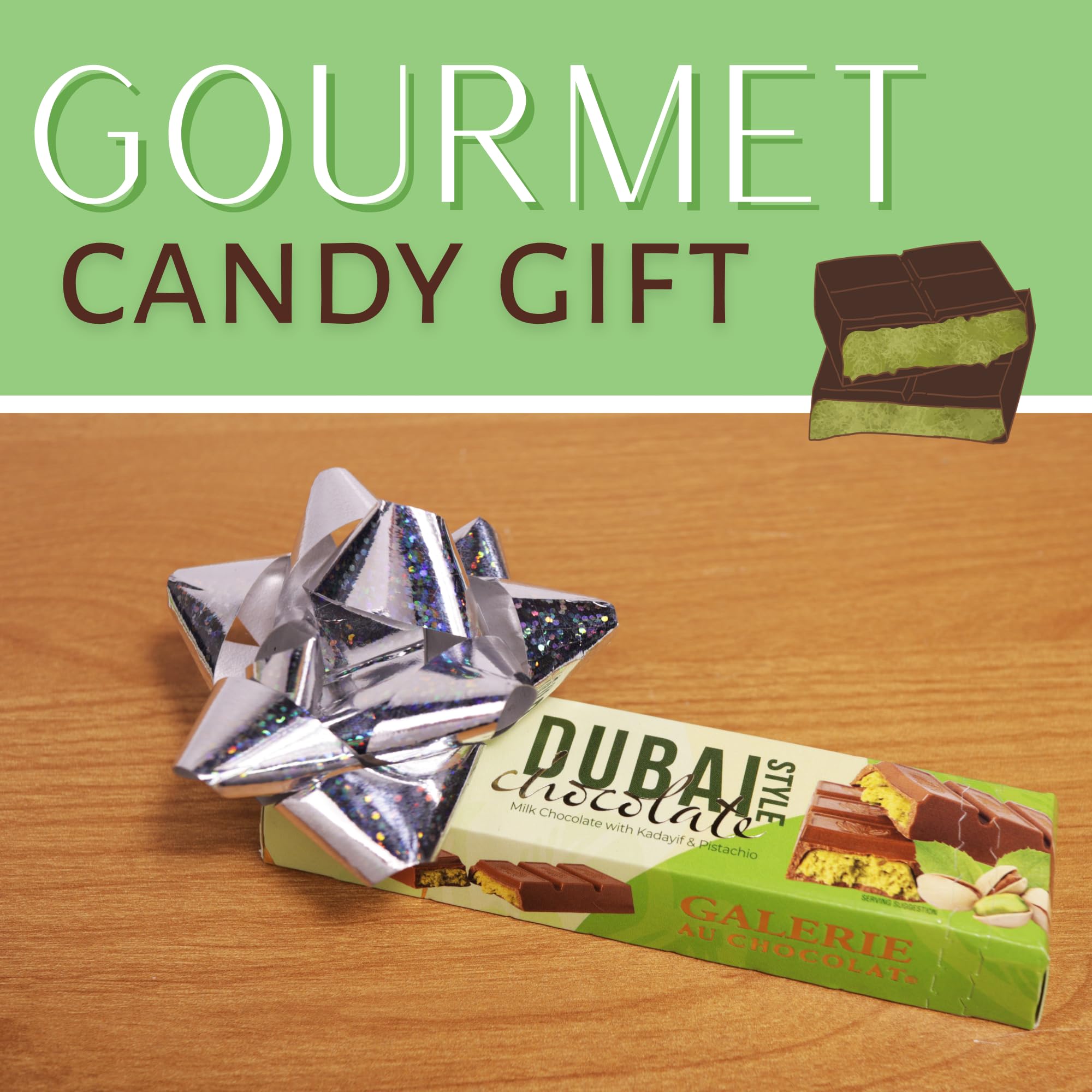 Galerie Dubai chocolate bar foil detail hints premium craftsmanship and luxe presentation.