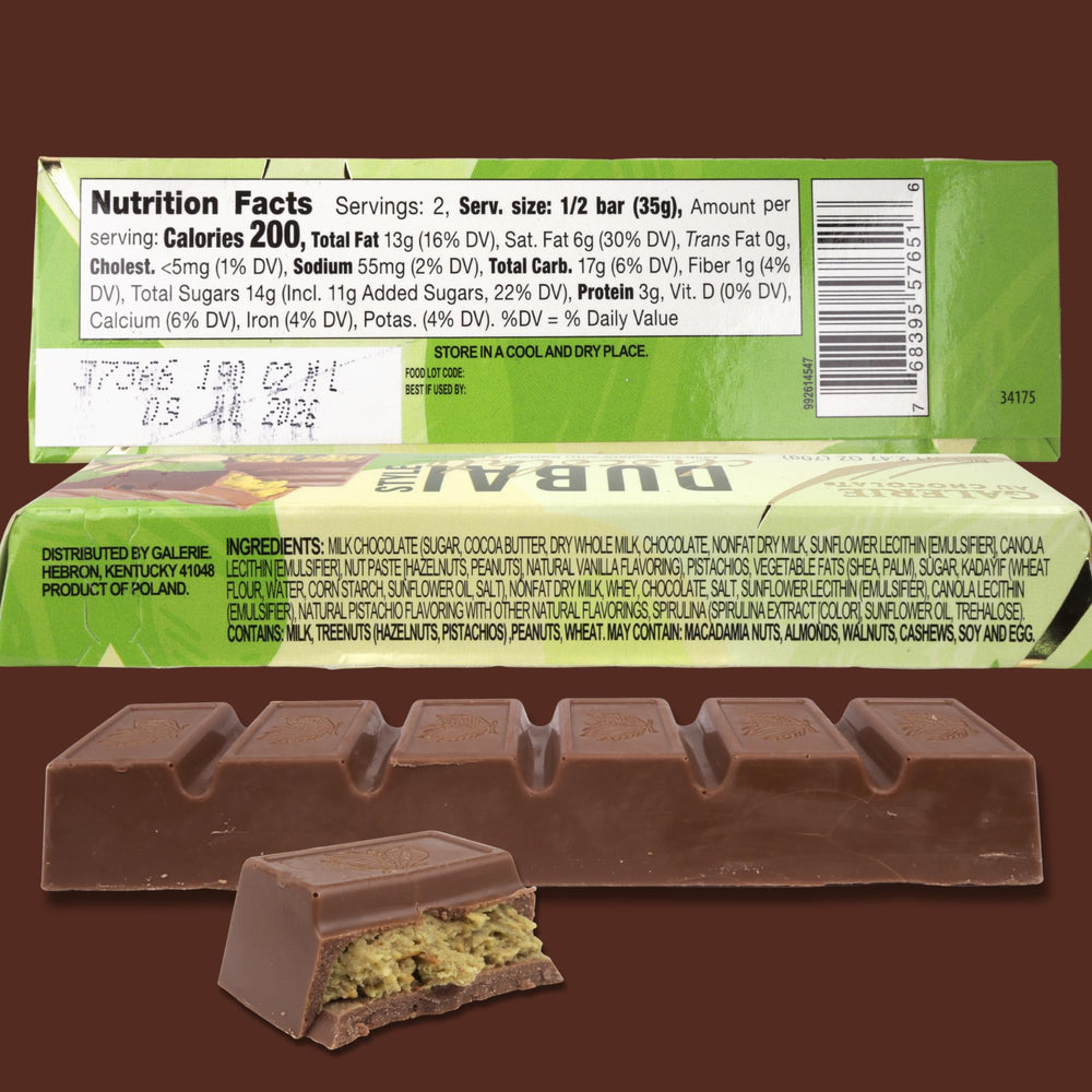 Galerie Dubai chocolate bar front view; creamy milk chocolate with pistachio and kadayif.