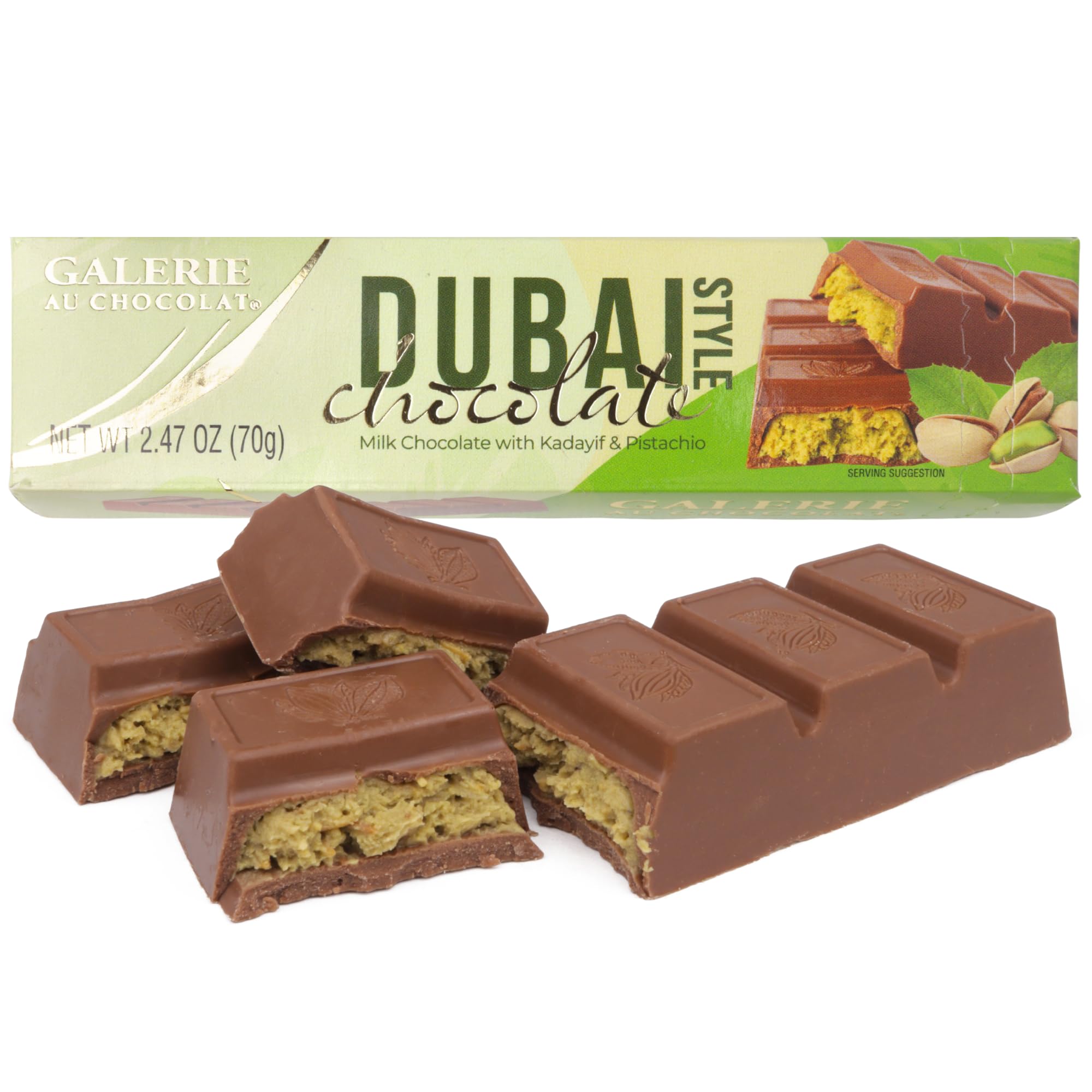 Galerie Dubai chocolate bar wrapped; smooth melt and pistachio-kadayif filling, ideal gift.