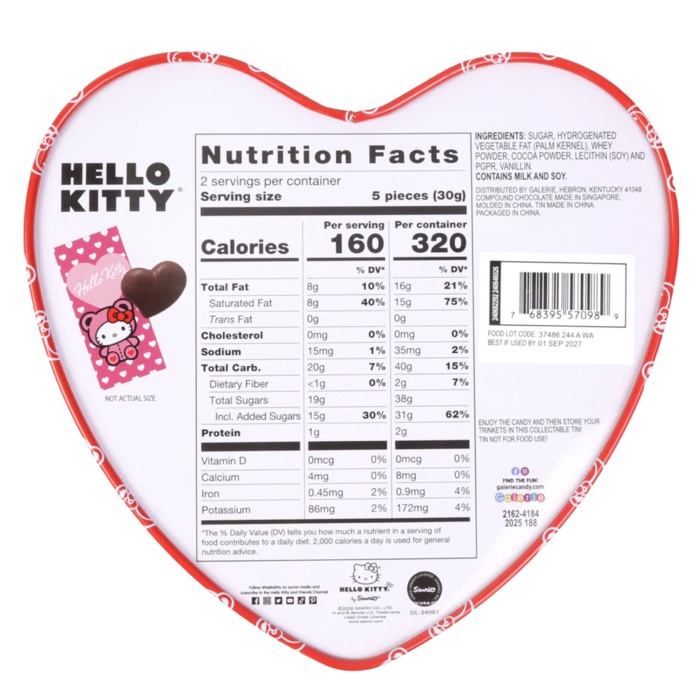 Galerie Hello Kitty heart tin interior showing 10 chocolates.