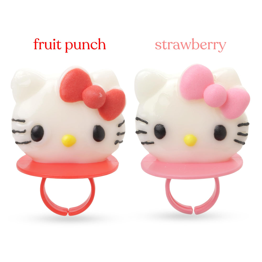 Close-up of vibrant strawberry flavor and playful Hello Kitty design