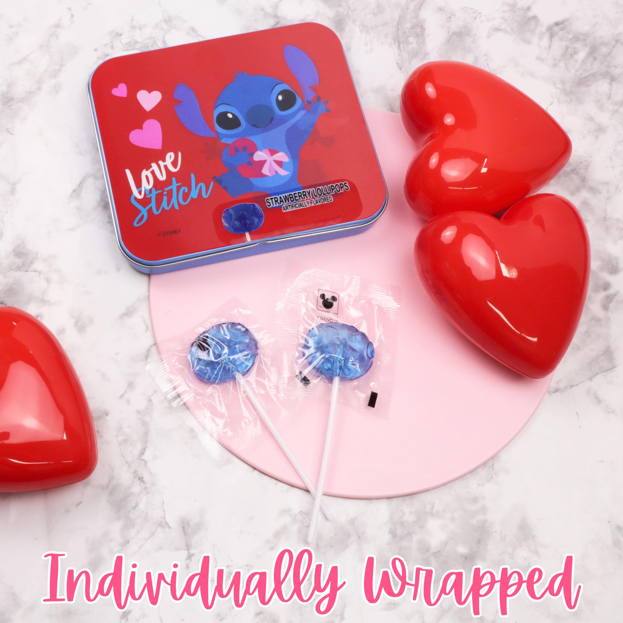 Individually wrapped Lilo & Stitch lollipops preserve freshness for travel