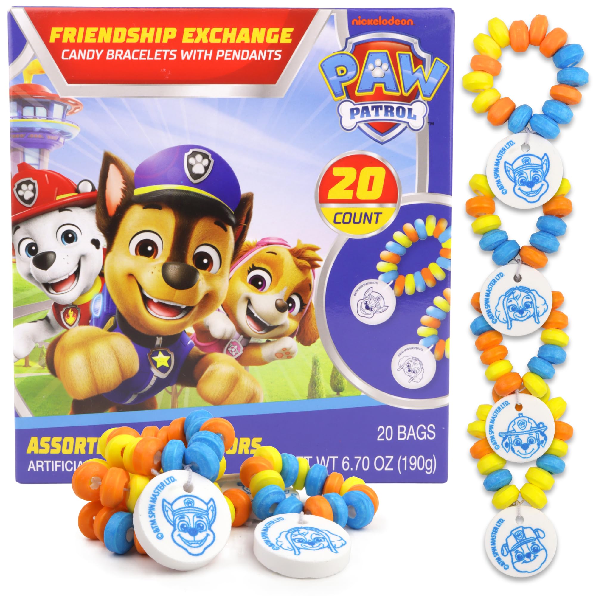 Galerie Paw Patrol candy bracelets packaging close-up, ideal for party displays and favor bags.