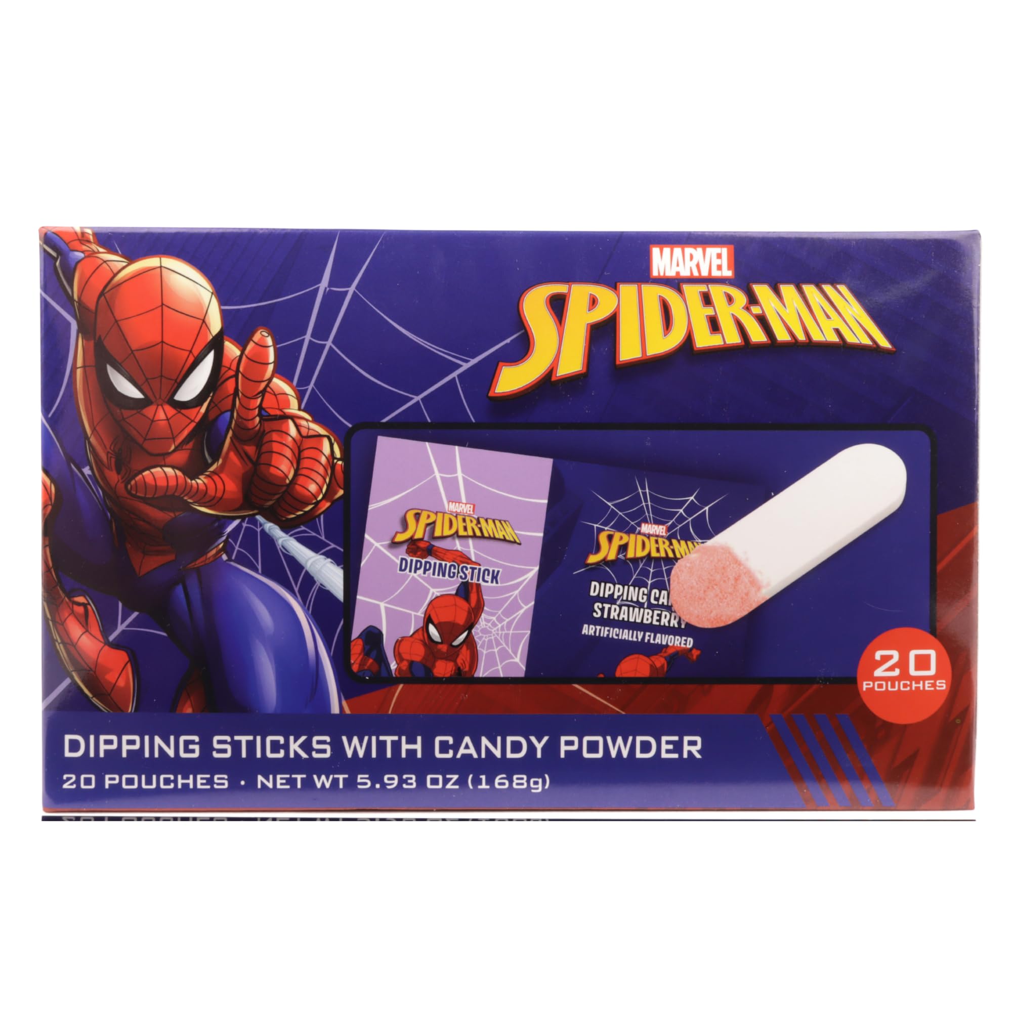 Galerie spiderman dipping sticks 20 pouches, ready for party favors.