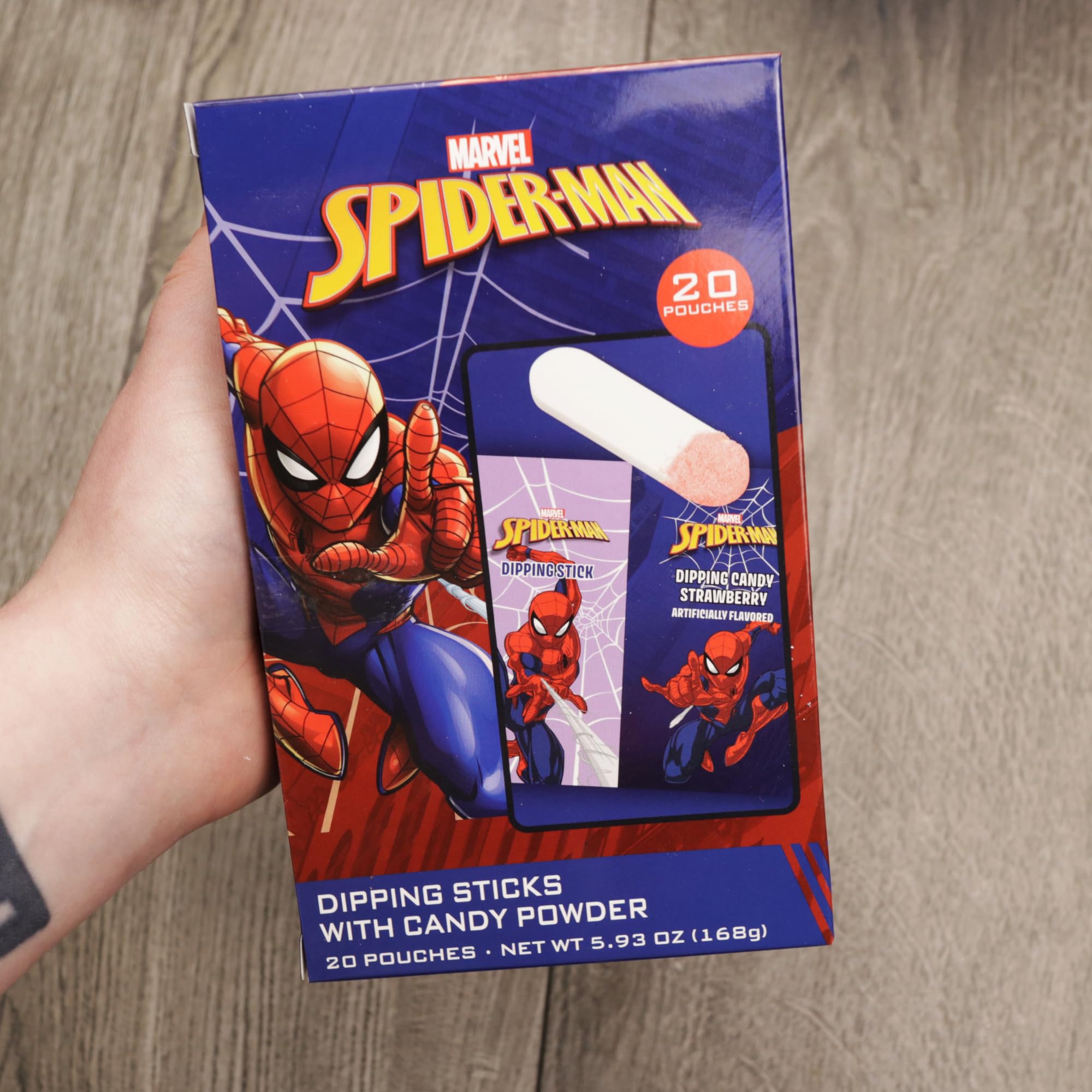 Galerie spiderman dipping sticks back panel, Marvel packaging boosts collector appeal.