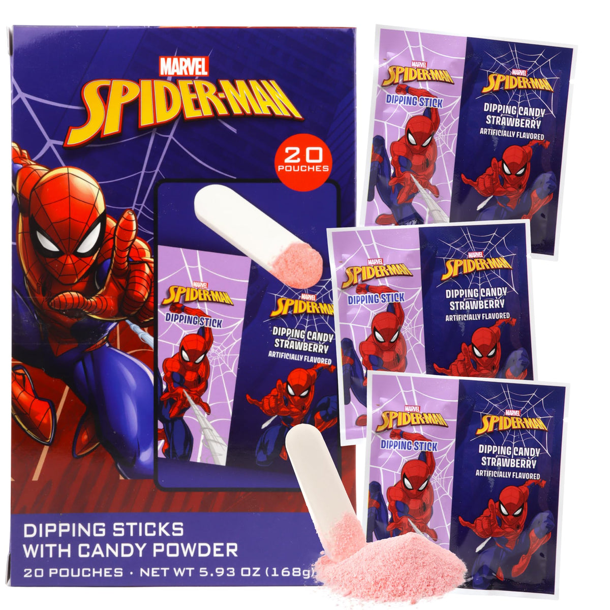Galerie spiderman dipping sticks front packaging, ideal party favors.