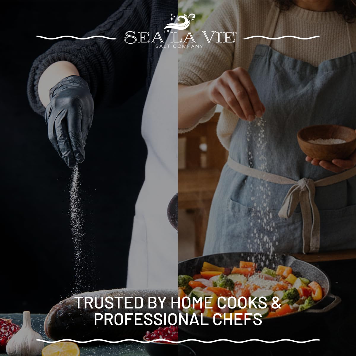 Galil Sea La Vie salt flakes in a kitchen scene for finishing touches.