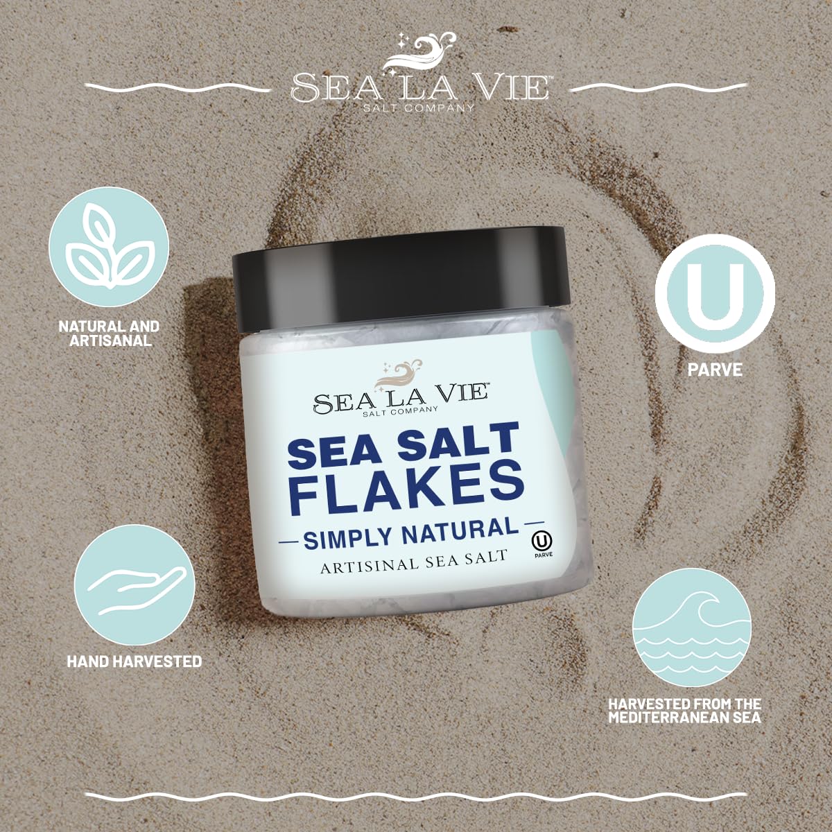 Galil Sea La Vie salt flakes on label, Mediterranean quality.