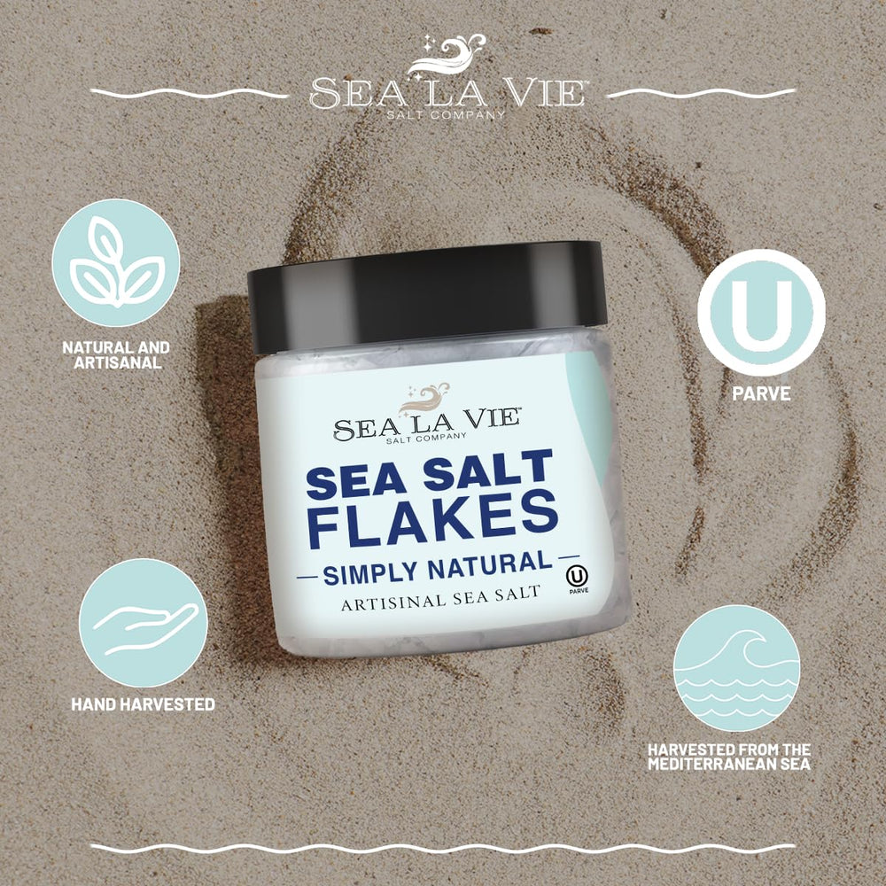 Galil Sea La Vie salt flakes on label, Mediterranean quality.