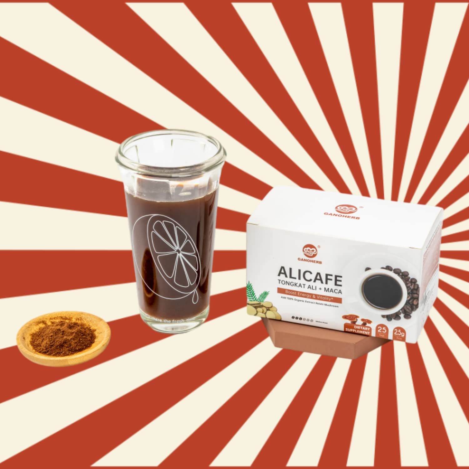 GANOHERB Maca Energy Coffee display with multiple sachets per box