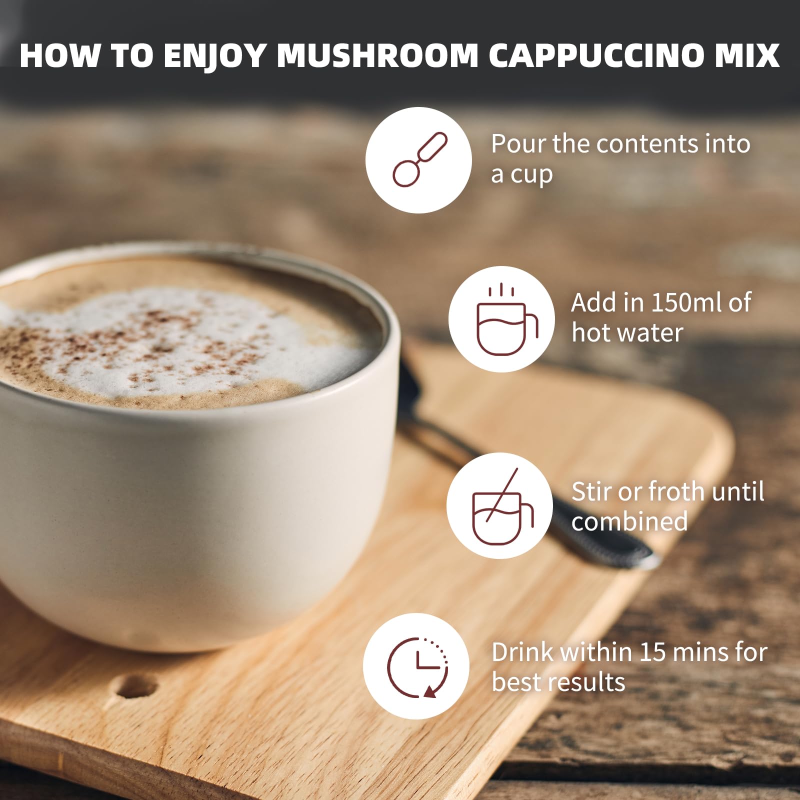 GANOHERB Mushroom Cappuccino on a table signals a soothing, daily ritual.