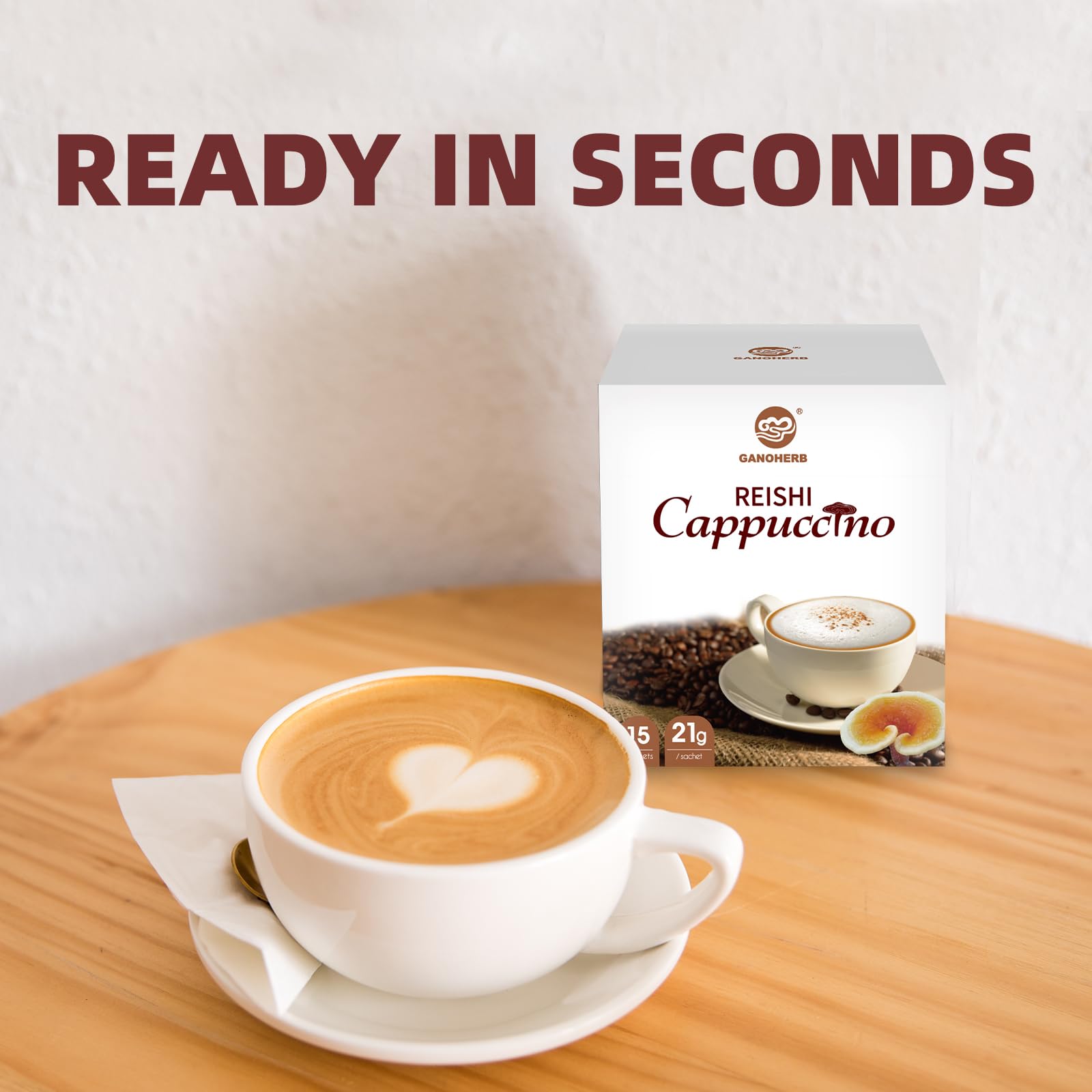 GANOHERB Mushroom Cappuccino mix packets ready to dissolve for quick mornings.
