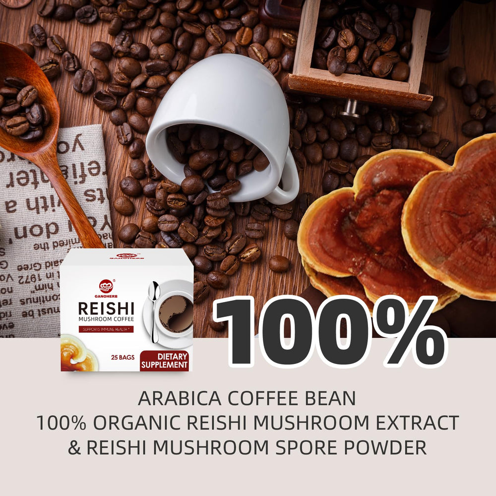 GANOHERB Reishi cup setup with brewed coffee for calm focus and steady energy.