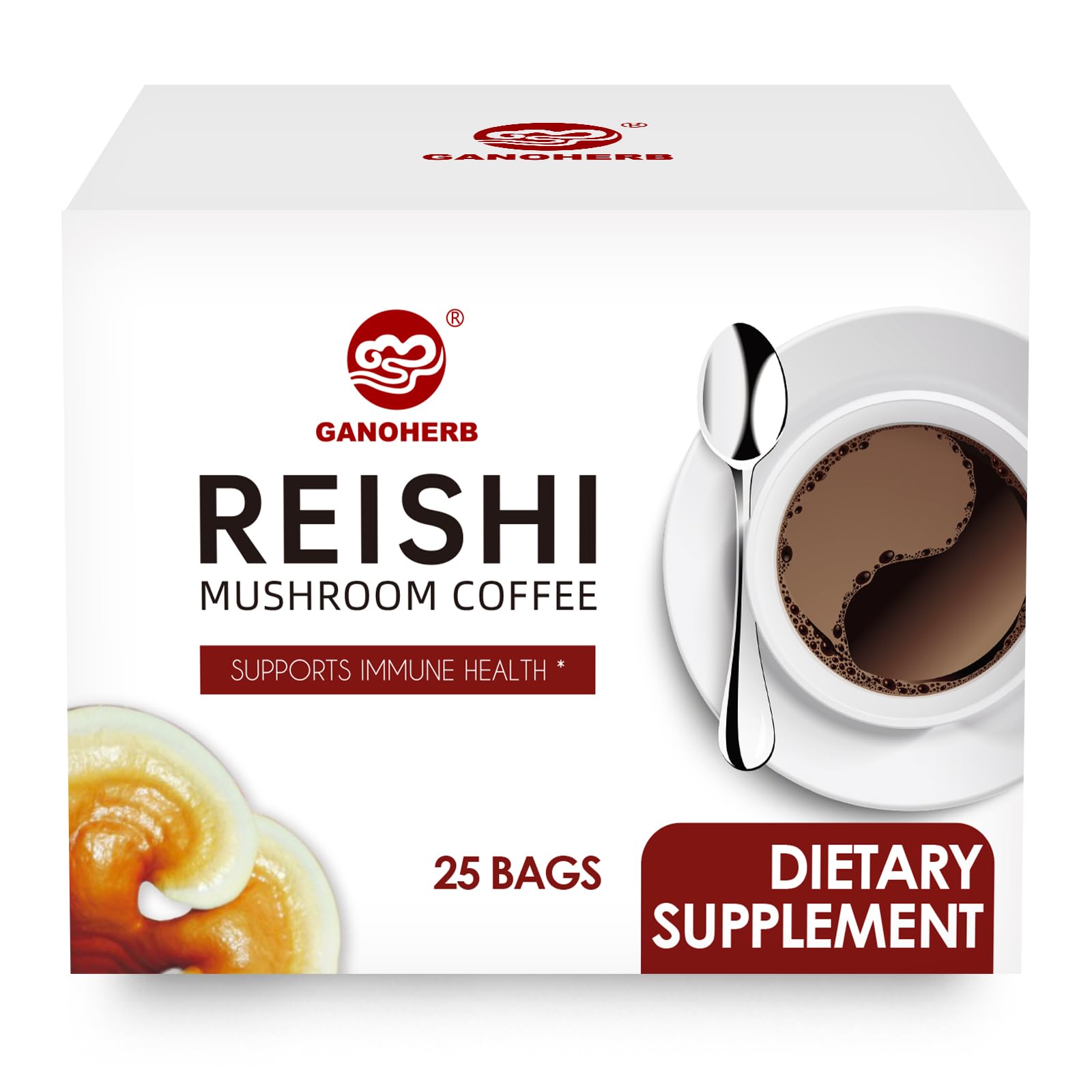 GANOHERB Reishi coffee mix packaging on a kitchen counter, convenient sachets for on-the-go focus.