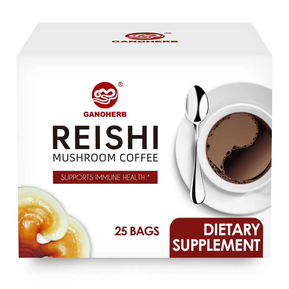 GANOHERB Reishi coffee mix packaging on a kitchen counter, convenient sachets for on-the-go focus.
