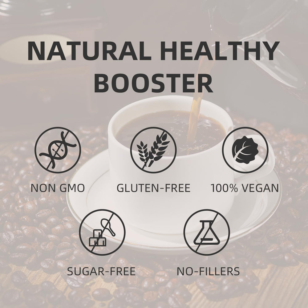 GANOHERB Reishi coffee serving with hot water highlights no sugar formula.