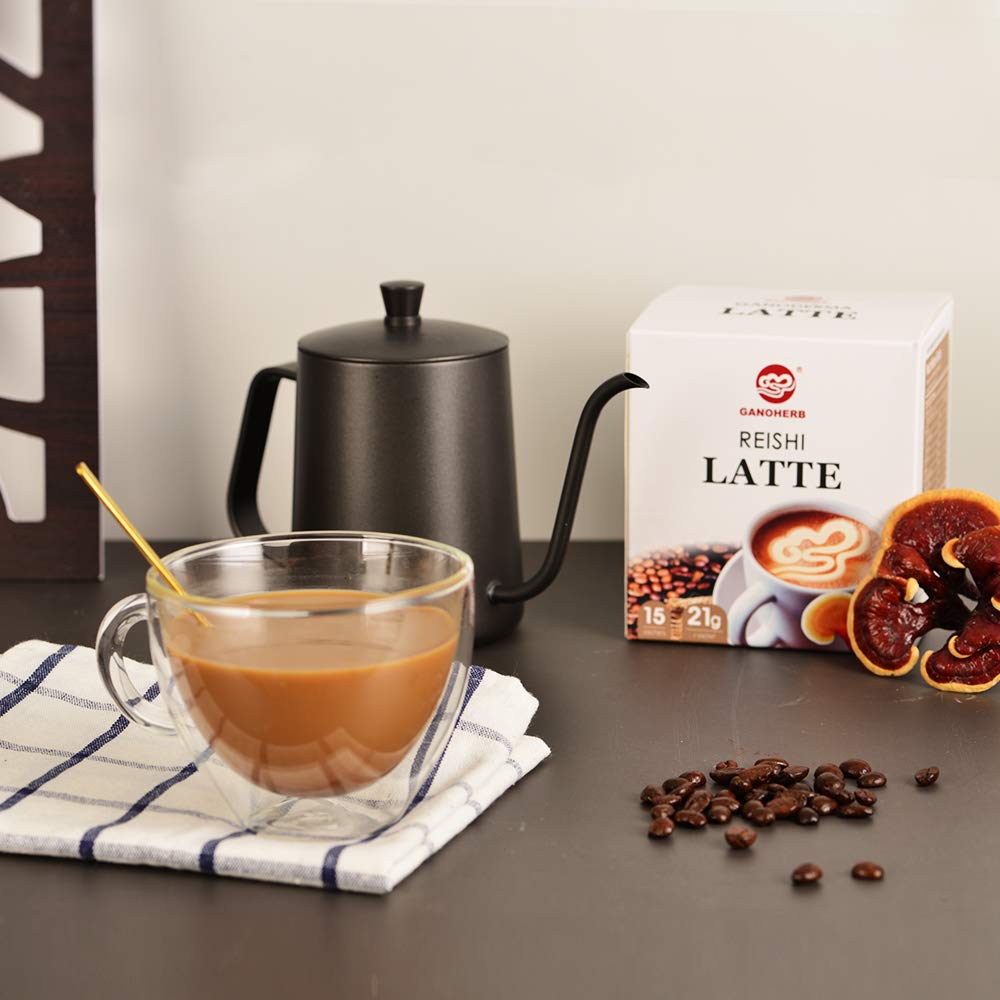 GANOHERB Reishi Latte Coffee brewed cup steaming with inviting aroma and smooth texture.