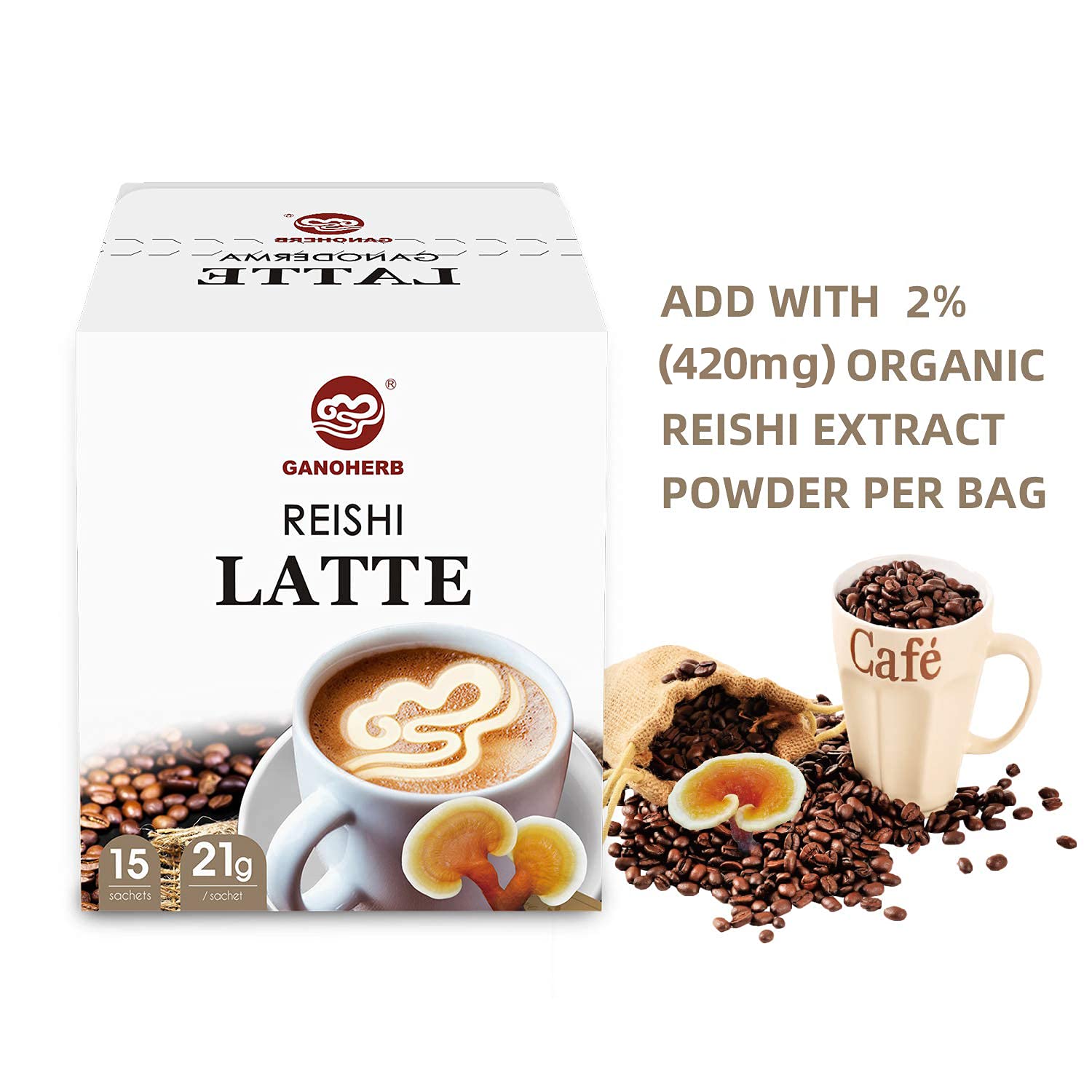 GANOHERB Reishi Latte Coffee in a morning routine setup for a comforting ritual.