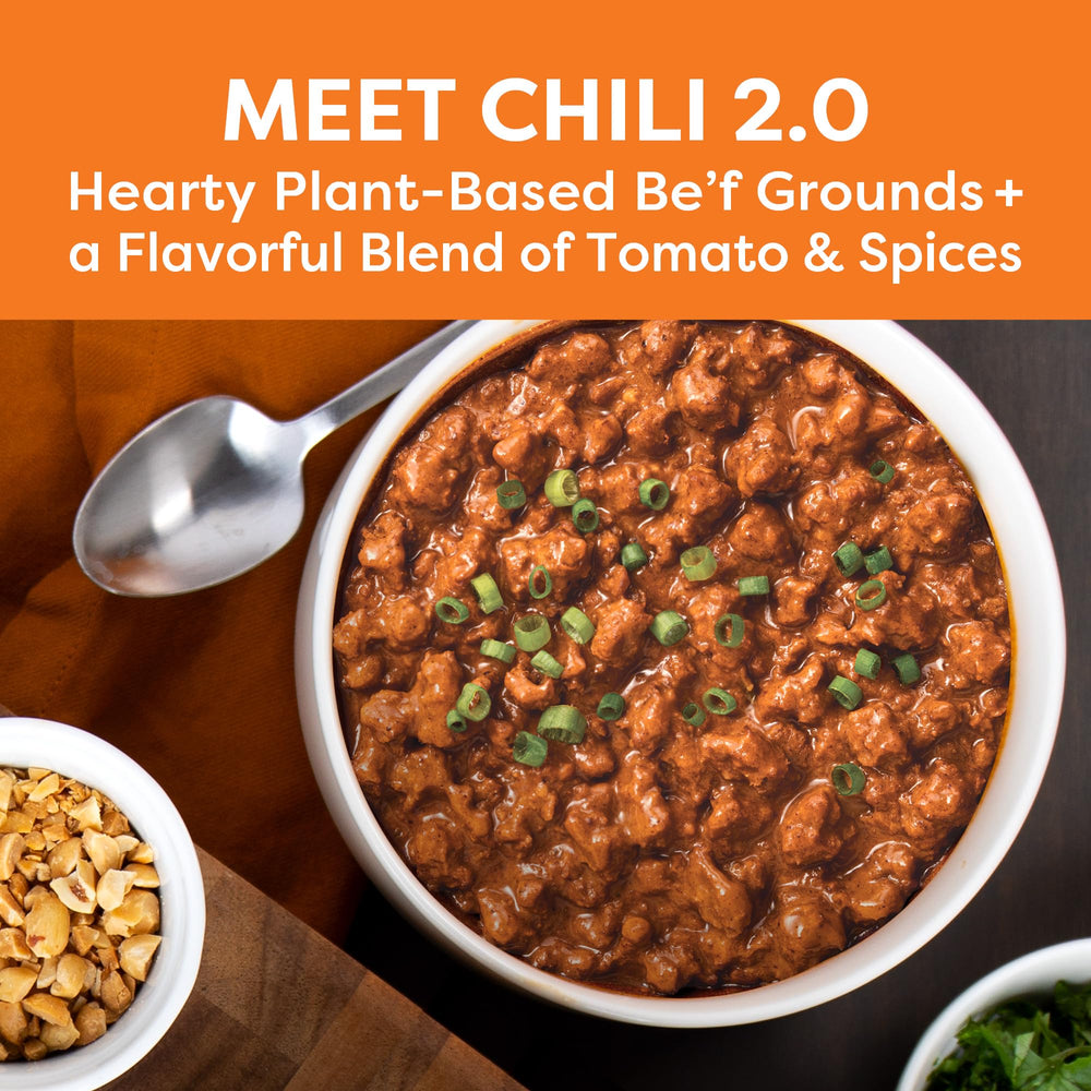 Microwave-ready Gardein chili warming in a bowl
