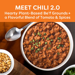 Microwave-ready Gardein chili warming in a bowl