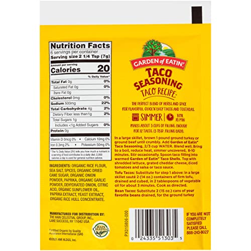 Garden of Eatin' taco seasoning packet closeup, aromatic blend for flavorful meals