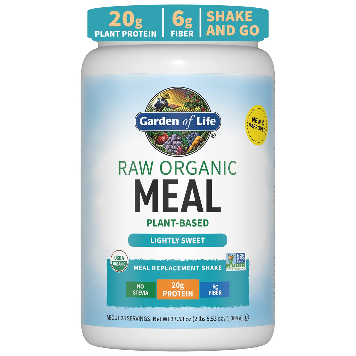 Garden of Life meal replacement shake canister, high-protein plant-based nutrition for busy days.
