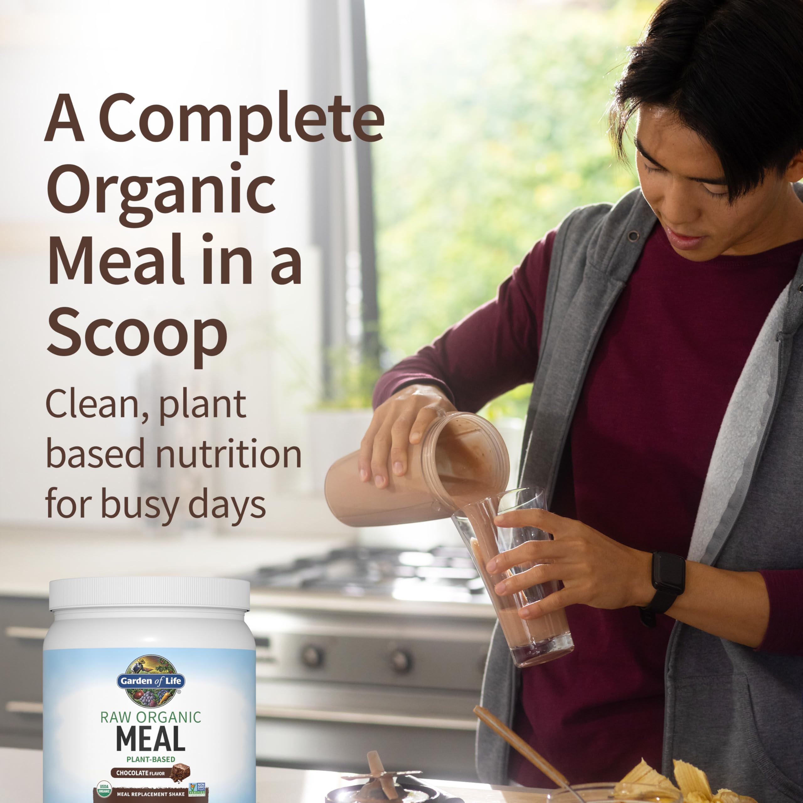 Garden of Life Meal Replacement Shakes chocolate being blended into a creamy shake.