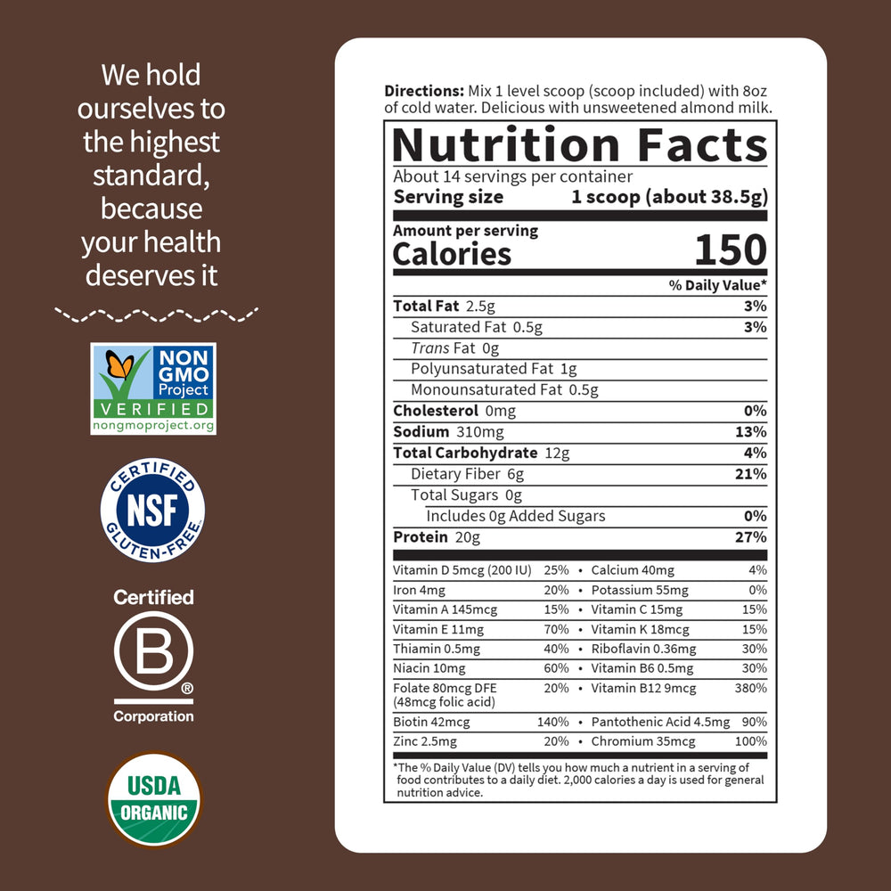 Garden of Life Meal Replacement Shakes chocolate next to green sprouts and vegan label.