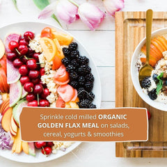 Garden of Life organic golden flax seeds close-up with golden kernels.