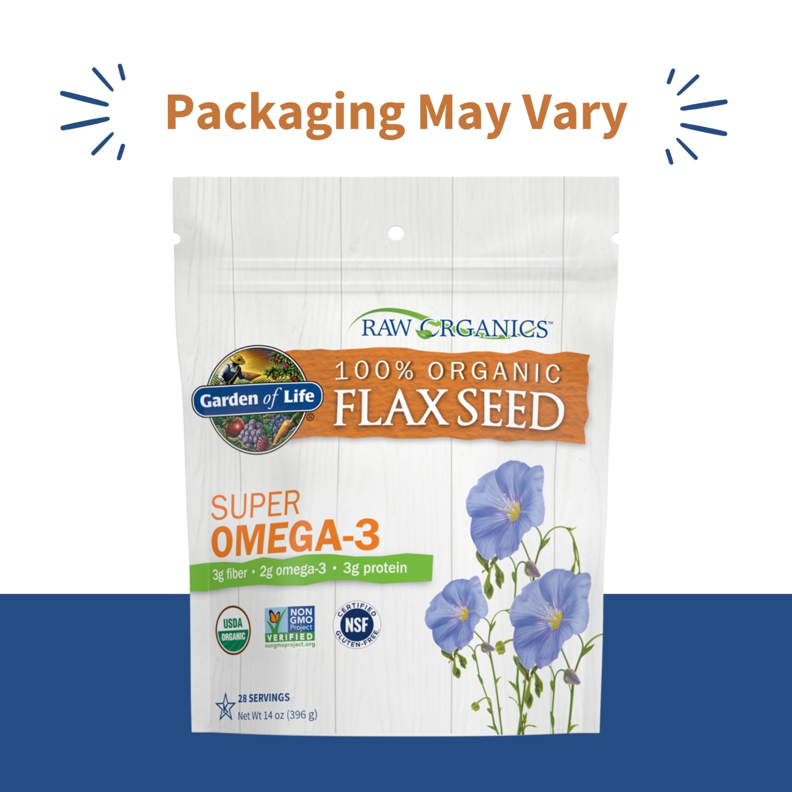 Garden of Life organic golden flax seeds pack ready for milling and baking.