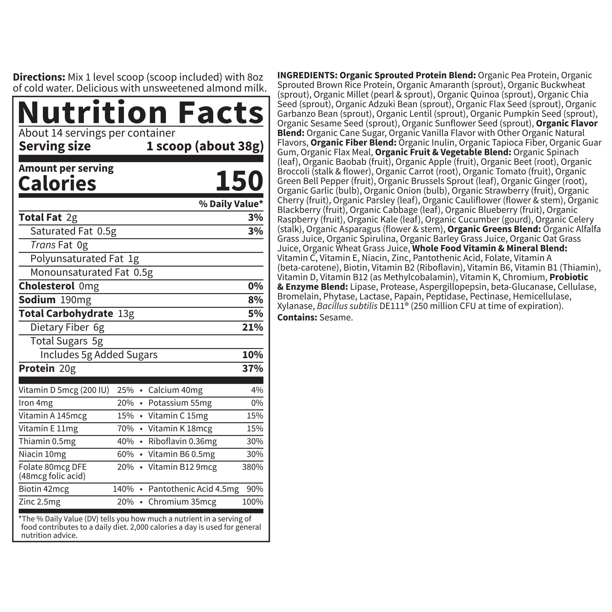 Garden of Life Raw Organic Meal nutrition facts panel emphasized.